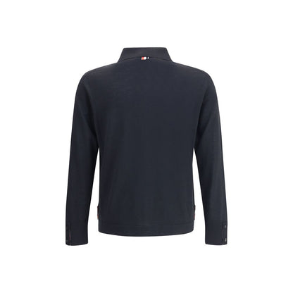 Back view of Thom Browne Black Fleece Wool Sweatshirt with ribbed collar and iconic tricolor detail.