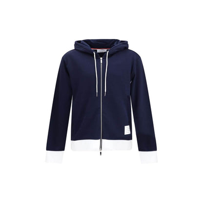 Thom Browne Blue Cotton Sweatshirt with drawstring hood, zipper, and side pockets, featuring contrasting cuffs and signature patch.