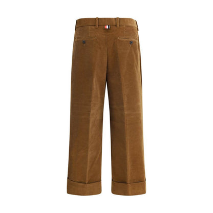 Thom Browne Brown Cotton Casual Pants with tricolor applique and turned-up hems.