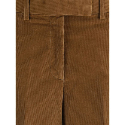 Close-up of Thom Browne Brown Cotton Casual Pants showing corduroy texture and front zipper.