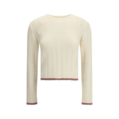 Thom Browne Cream Fleece Wool Sweatshirt with ribbed neck and tricolor detail, Autumn-Winter 2025 collection, made in Ireland.