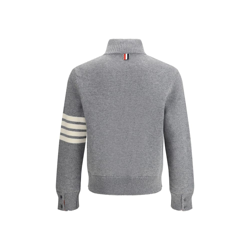 Thom Browne Gray Fleece Wool Sweatshirt with 4-Bar intarsia design and half-zip collar, oversized fit.