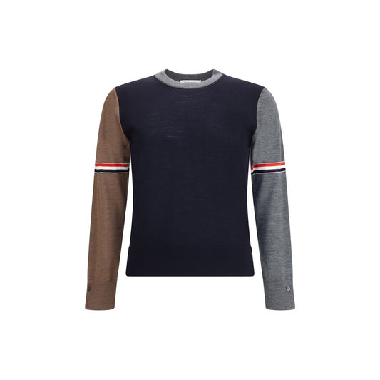 Thom Browne Multicolor Fleece Wool Sweatshirt with ribbed crew neck and tricolor sleeve bands showcasing iconic design, AW25 collection.