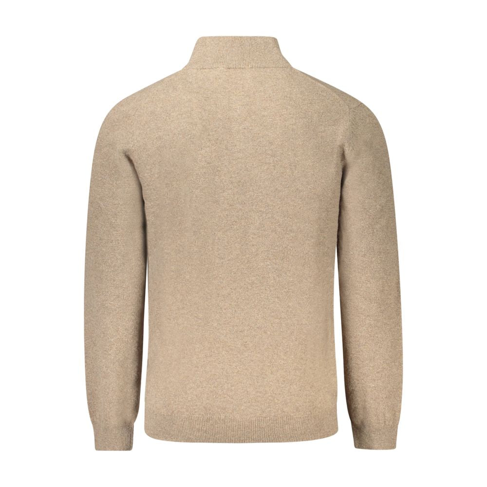 Back view of Timberland Beige Wool Men Sweater showcasing knit texture and high collar, offering both style and warmth for discerning individuals.