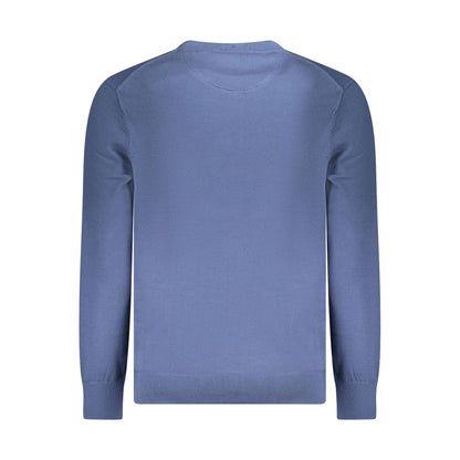 Timberland Blue Cotton Men Sweater made from 100% organic cotton, featuring bold blue hue and long sleeves, view of backside.