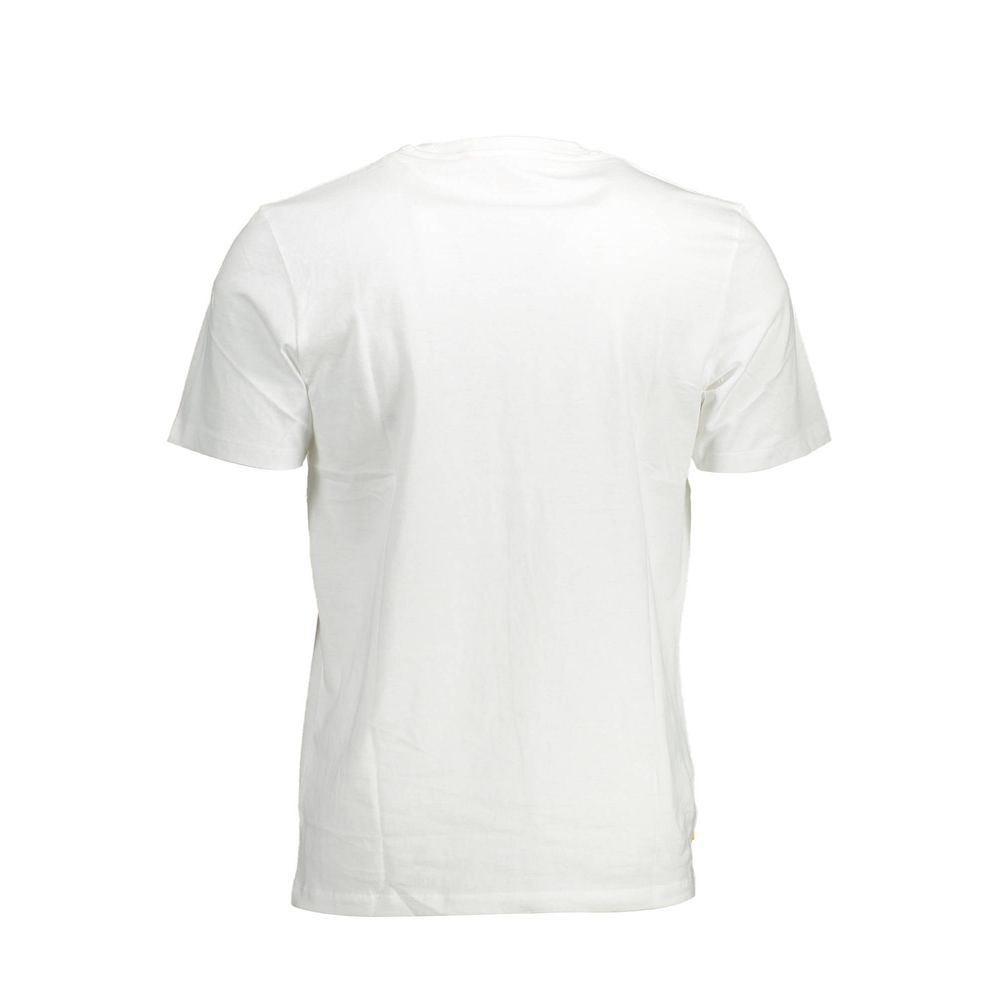 Back view of Timberland White Cotton Men T-Shirt, organic crew neck with short sleeves, showcasing eco-friendly casual wear.