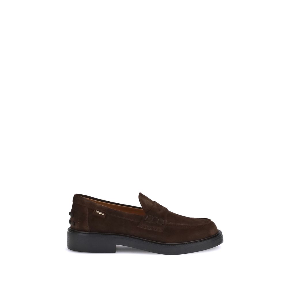 Alt Tag: Tod's Brown Rubber Slip-On Loafers with hand-stitched detailing and rubber pebble heel, showcasing timeless elegance and style.