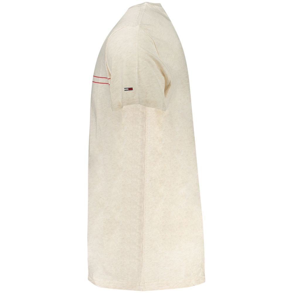 Tommy Hilfiger Beige Cotton Men T-Shirt with short sleeves and logo, side view showcasing crew neck and bold design