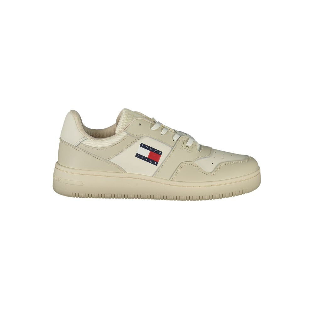 Tommy Hilfiger Beige Leather Men Sneaker with iconic logo and removable insole for style and comfort.