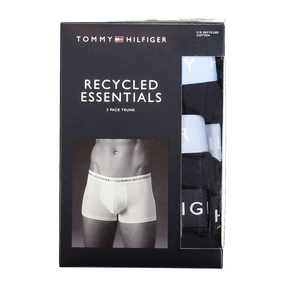 Tommy Hilfiger Black Cotton Men Boxer Trio Pack with recycled materials and iconic logo waistband in product packaging.
