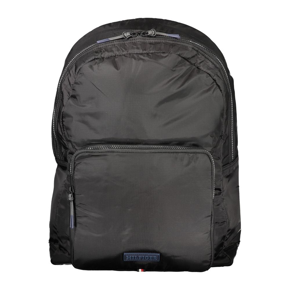 Tommy Hilfiger Black Nylon Backpack with multiple pockets and laptop compartment, featuring adjustable straps and zip closure.