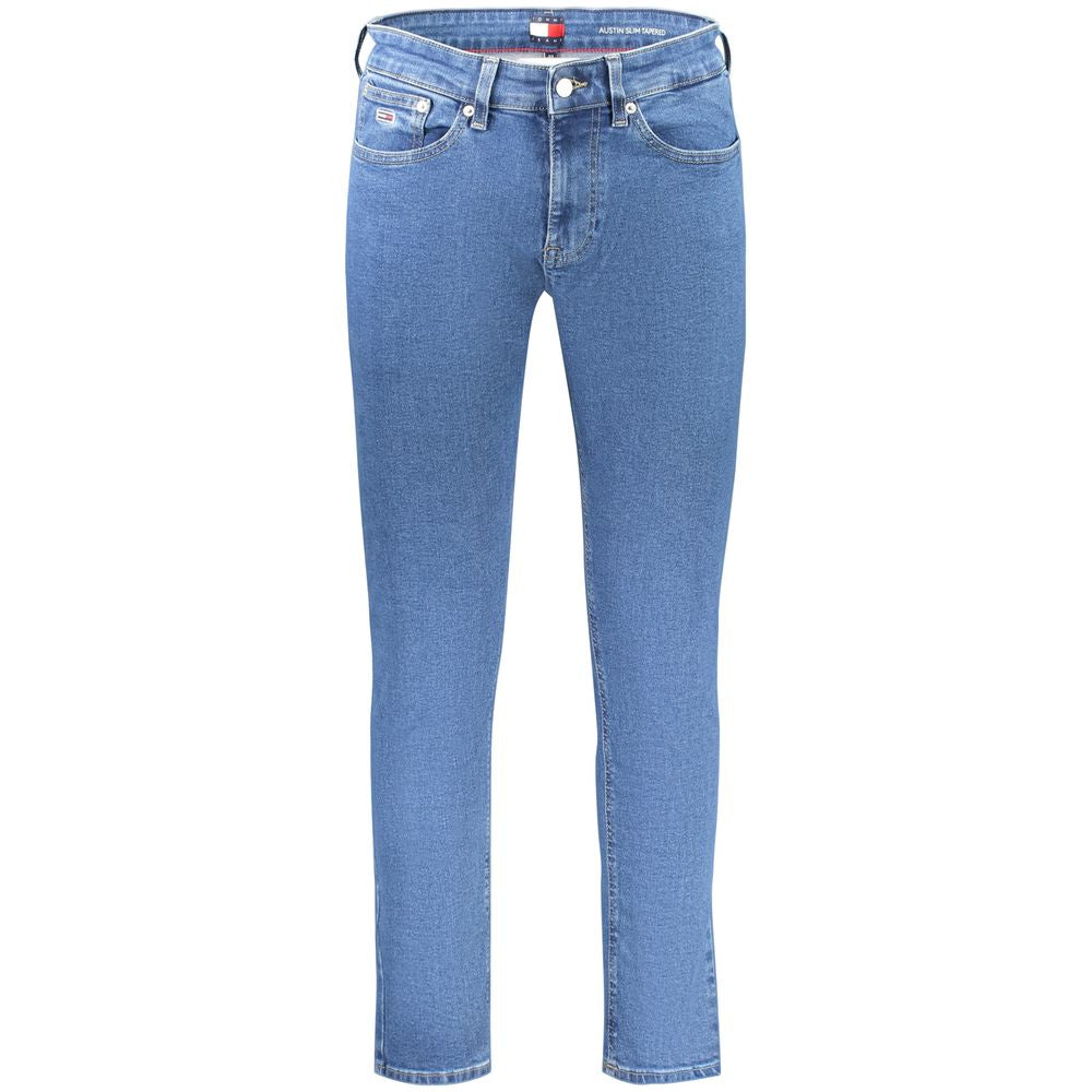 Tommy Hilfiger Blue Cotton Men Slim Tapered Jean, iconic logo detailing, comfortable stretch, fashion-forward denim style.