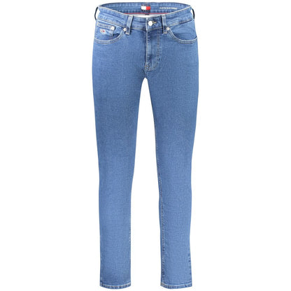 Tommy Hilfiger Blue Cotton Men Slim Tapered Jean, iconic logo detailing, comfortable stretch, fashion-forward denim style.