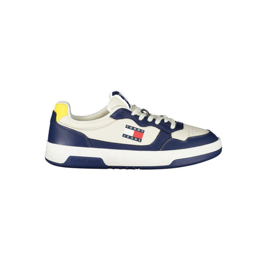 Tommy Hilfiger blue polyethylene men sneaker with white and yellow accents and logo.