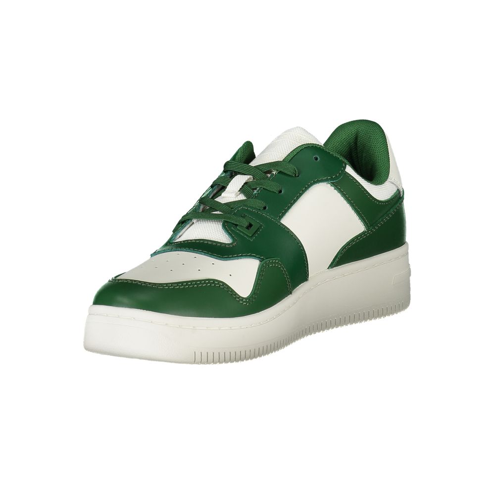 Tommy Hilfiger Green Leather Men Sneaker with removable insole, iconic logo, and contrasting details for stylish comfort.