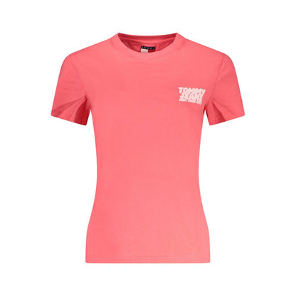 Tommy Hilfiger Pink Cotton Women T-Shirt with logo print and embroidery on front, featuring short sleeves and a classic crew neck.