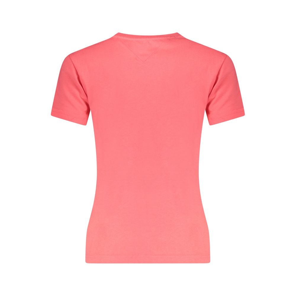 Back view of Tommy Hilfiger Pink Cotton Women T-Shirt featuring short sleeves and sustainable cotton fabric.
