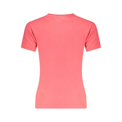 Back view of Tommy Hilfiger Pink Cotton Women T-Shirt featuring short sleeves and sustainable cotton fabric.