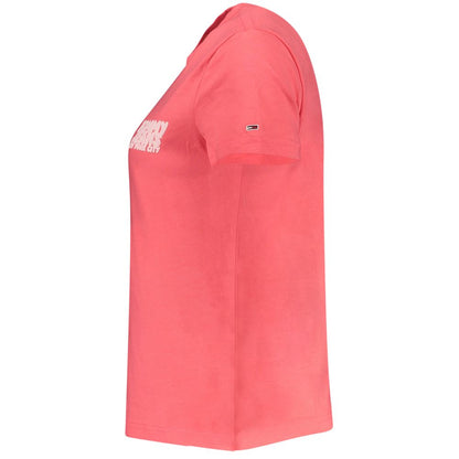 Side view of Tommy Hilfiger Pink Cotton Women T-Shirt showcasing logo print and embroidery.