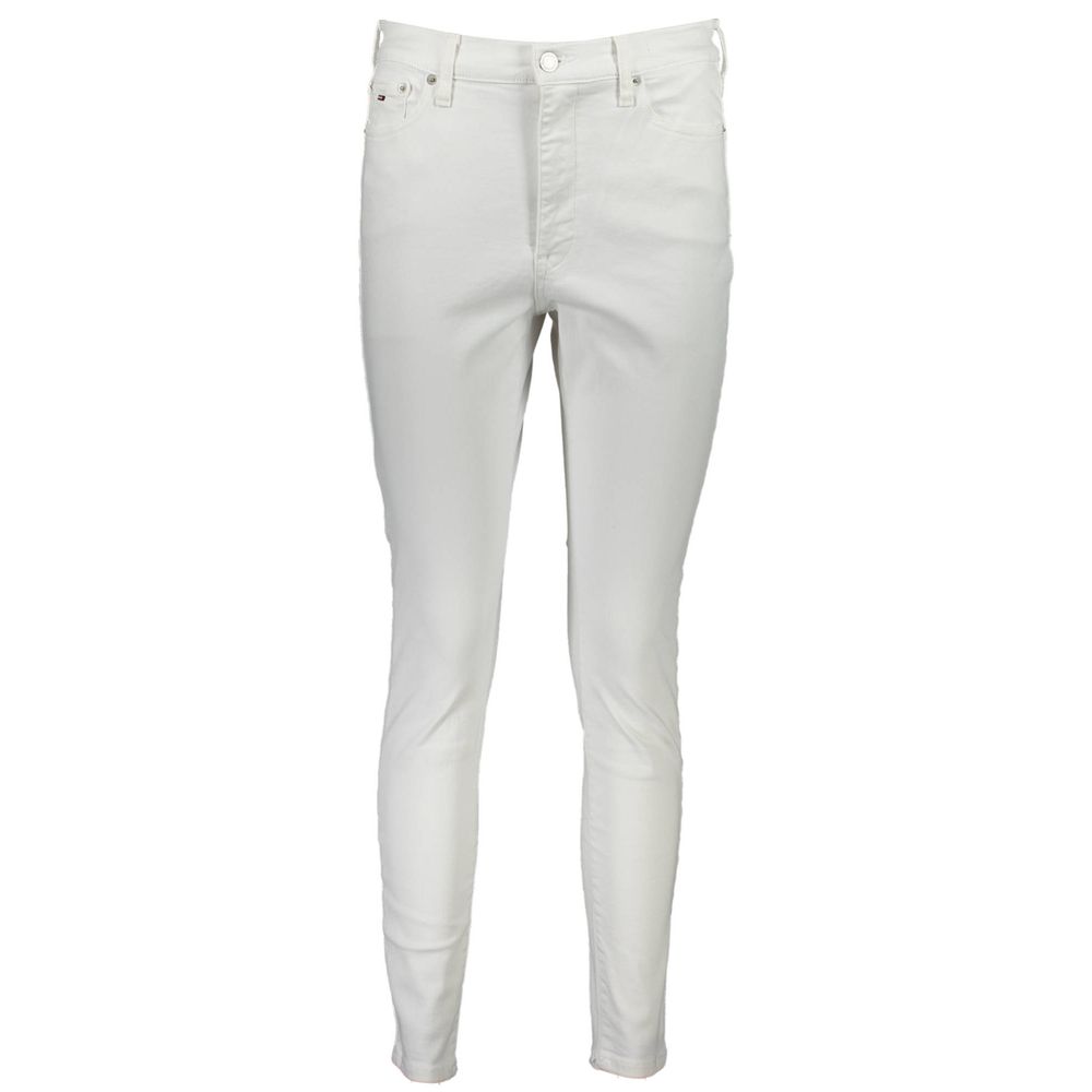 Tommy Hilfiger White Cotton Women's Jean with signature logo, button and zip closure, classic comfort and contemporary flair.