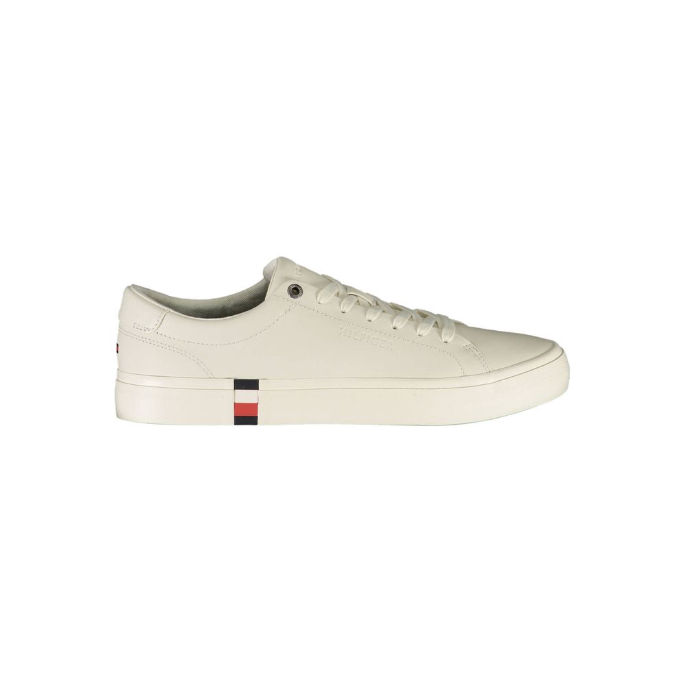 Tommy Hilfiger White Leather Men Sneaker with signature logo detailing, showcasing a stylish and comfortable design for casual or athletic wear.
