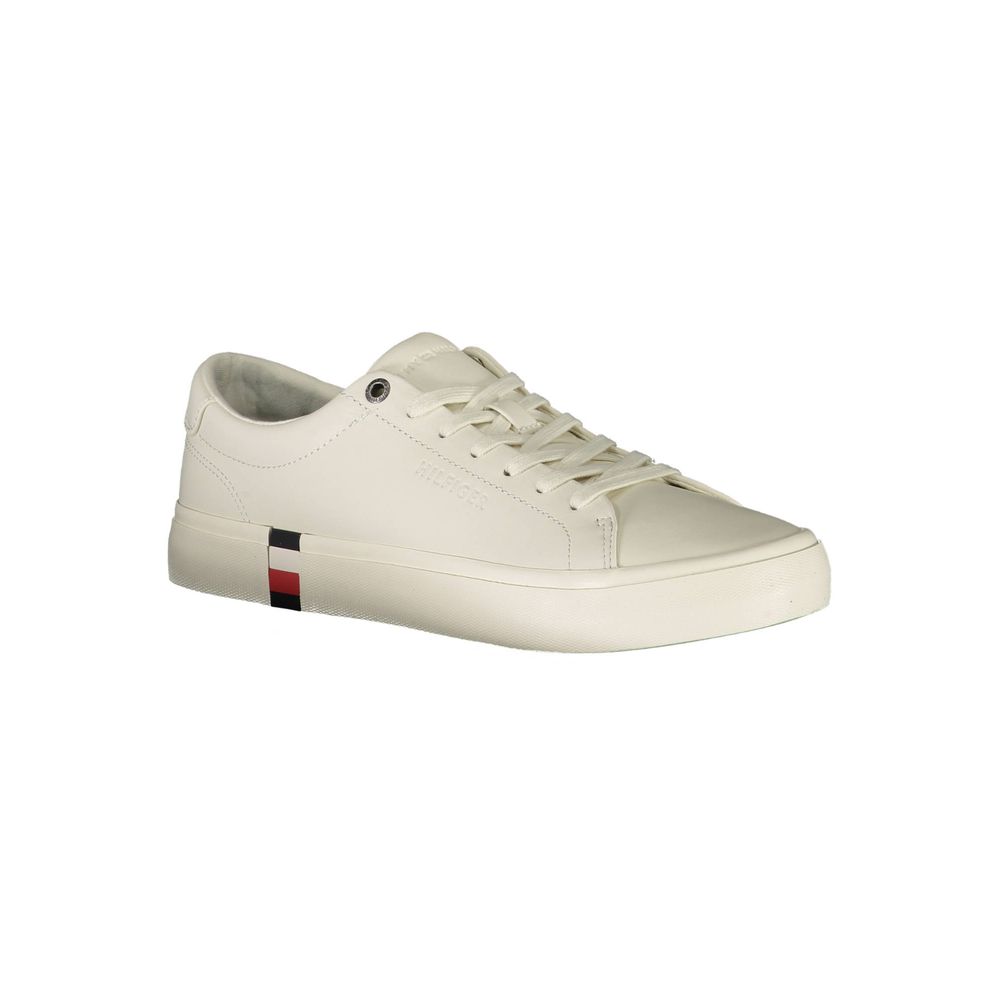 Tommy Hilfiger White Leather Men Sneaker with iconic logo and contrasting details, offering style and comfort for casual or athletic wear.