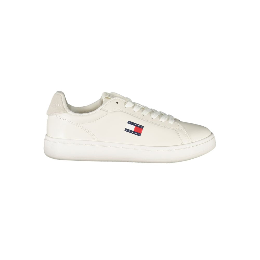 Tommy Hilfiger White Leather Women Sneaker with bold contrasting details and signature logo on the side view of the shoe.