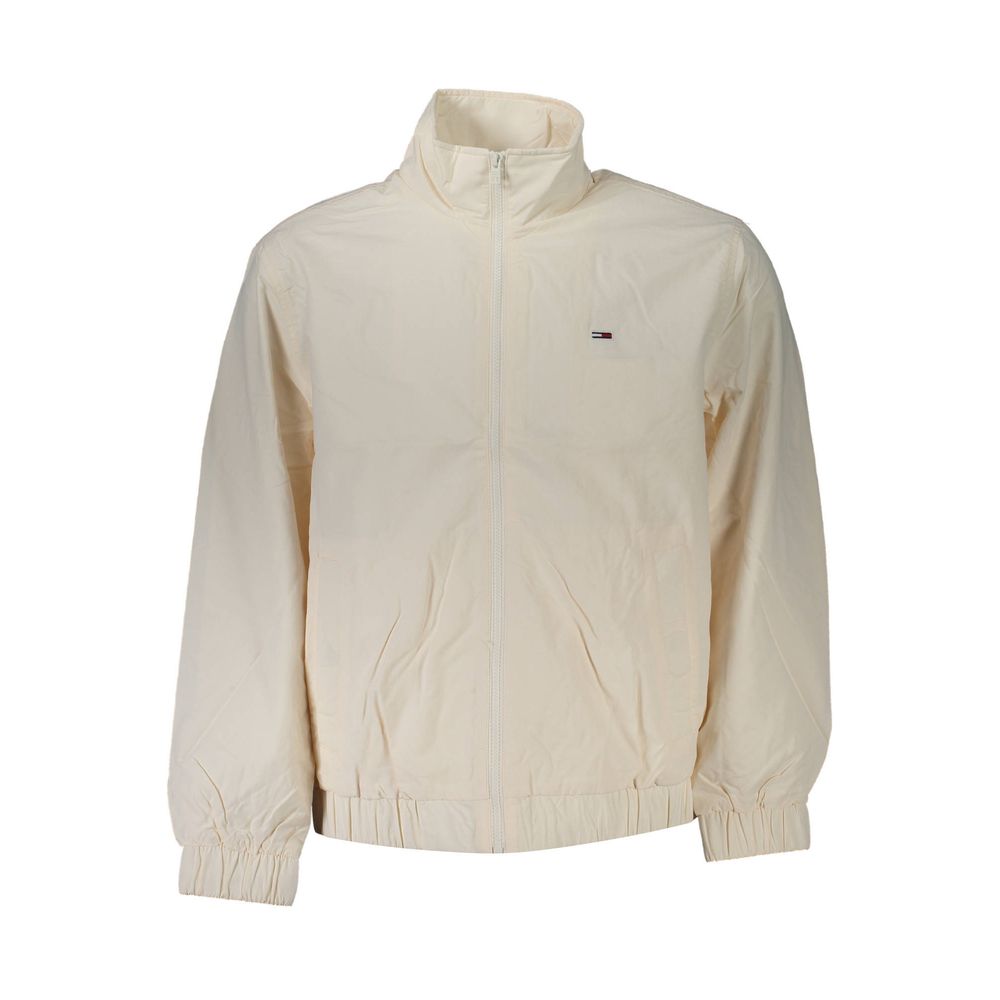 Tommy Hilfiger White Polyamide Men Jacket with zip front, elastic waist and cuffs, and iconic logo. Eco-conscious design.