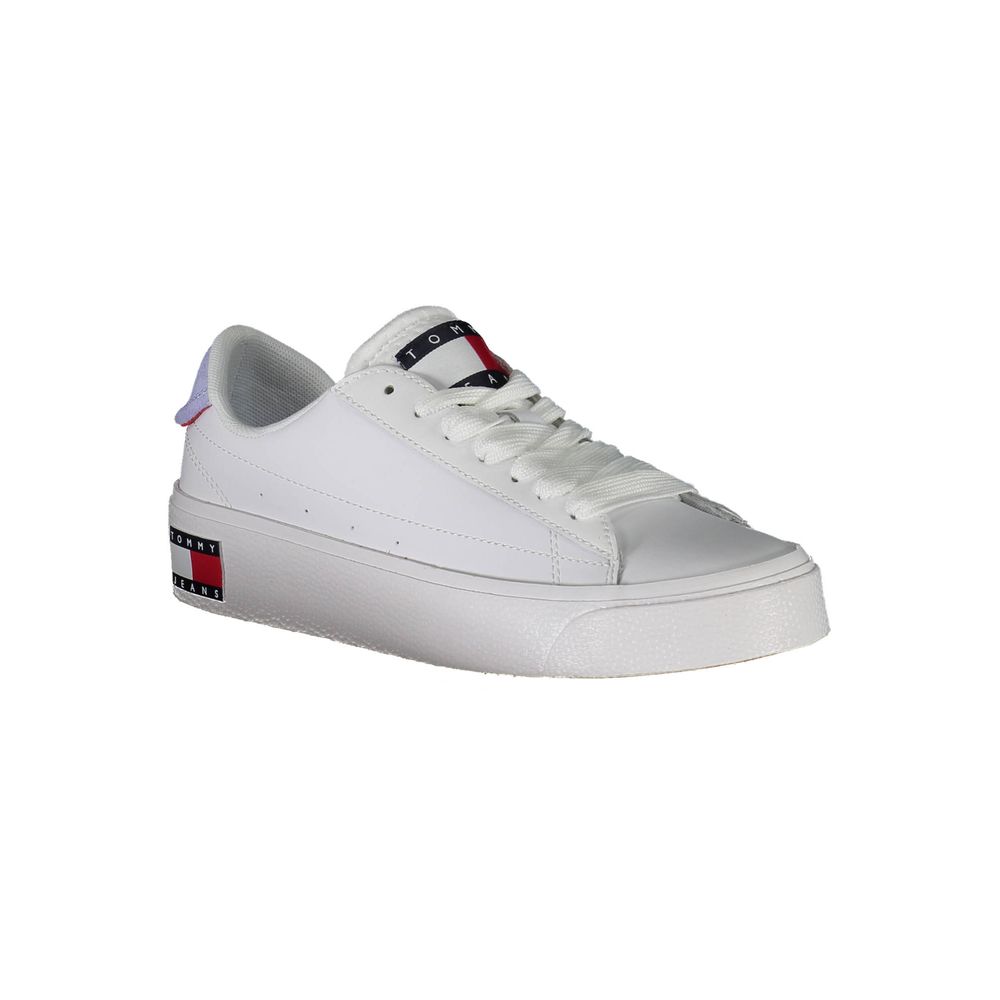 Tommy Hilfiger White Polyester Women Sneaker with contrasting logo accents, made from 50% recycled materials for sustainable fashion.