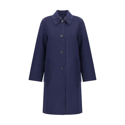 Tory Burch Blue Wool Coat with front button closure and patch pockets, reversible with T Monogram pattern, 98% wool, AW25 collection.