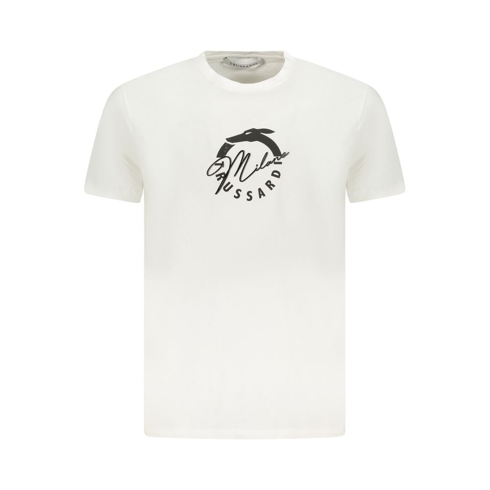 Trussardi White Cotton Men T-Shirt featuring a distinctive logo print, perfect for elevating your casual wardrobe with elegant style.