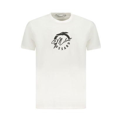 Trussardi White Cotton Men T-Shirt featuring a distinctive logo print, perfect for elevating your casual wardrobe with elegant style.