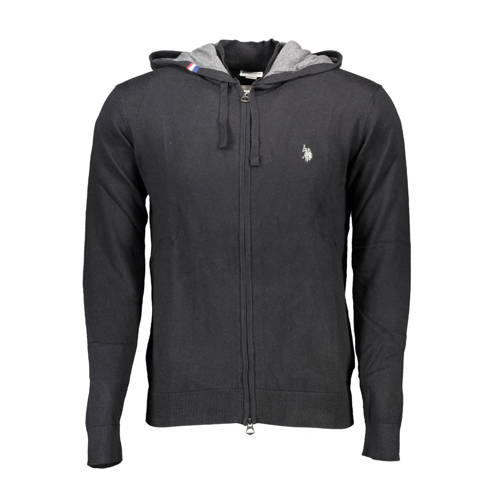 U.S. POLO ASSN. Black Cotton Mens Cardigan with zip closure and hood, showcasing luxury embroidery and iconic logo for a sleek look.