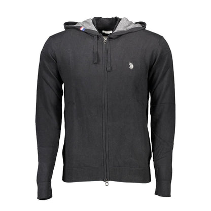 U.S. POLO ASSN. Black Cotton Mens Cardigan with zip closure and hood, showcasing luxury embroidery and iconic logo for a sleek look.