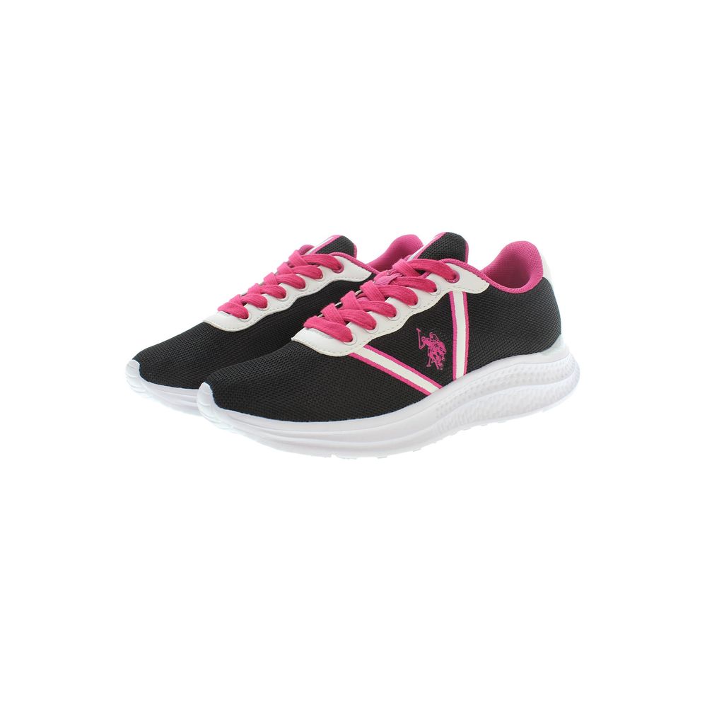 U.S. POLO ASSN. Black Polyester Women Sneaker with pink accents, side logo, and white sole, perfect for streetwear and fashion-forward looks.