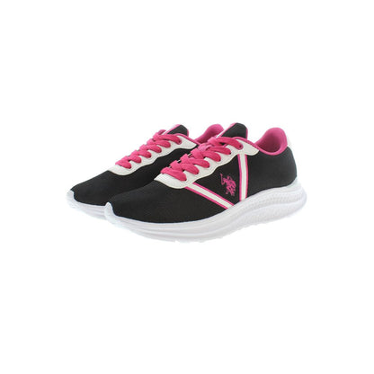 U.S. POLO ASSN. Black Polyester Women Sneaker with pink accents, side logo, and white sole, perfect for streetwear and fashion-forward looks.