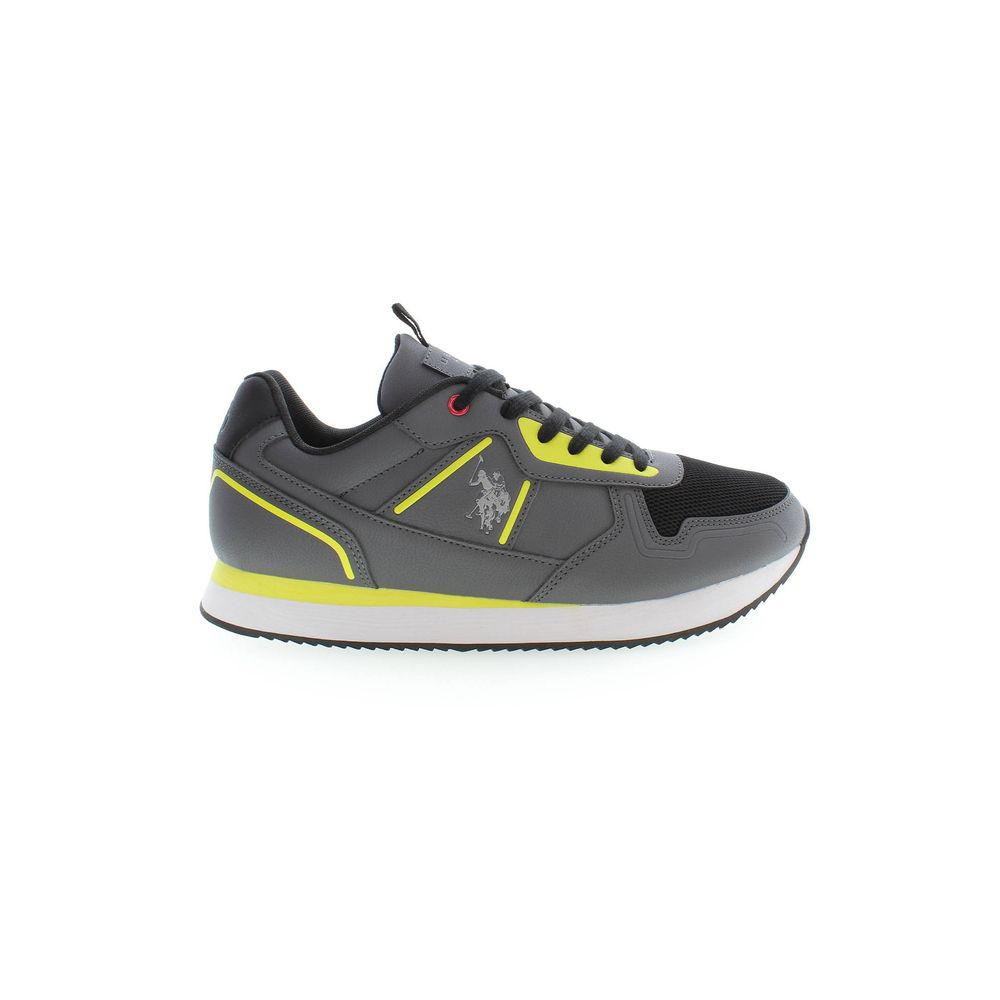 U.S. POLO ASSN. Brown Polyester Men Sneaker with iconic logo, side view. Stylish and durable design in gray and neon accents for sport and fashion.