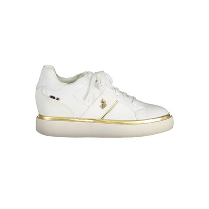 U.S. POLO ASSN. White Polyester Women Sneaker, elegant lace-up sports shoes with gold accents and logo, perfect for active lifestyle.
