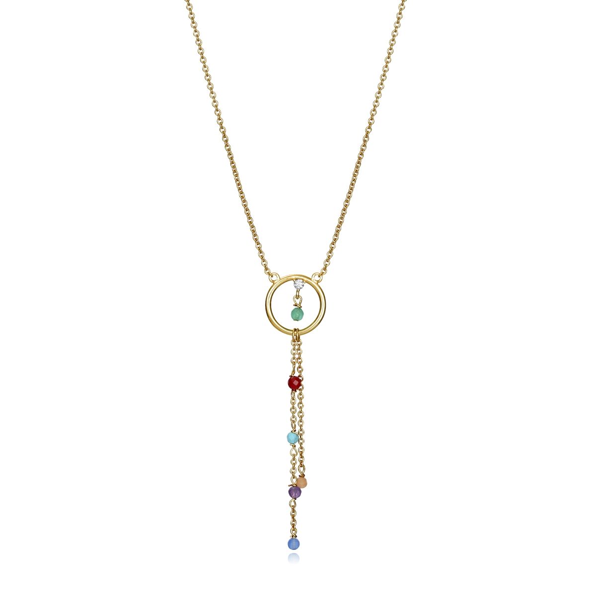 Elegant necklace with gold chain and colorful gemstone pendants