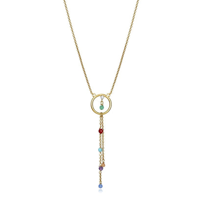 Elegant necklace with gold chain and colorful gemstone pendants