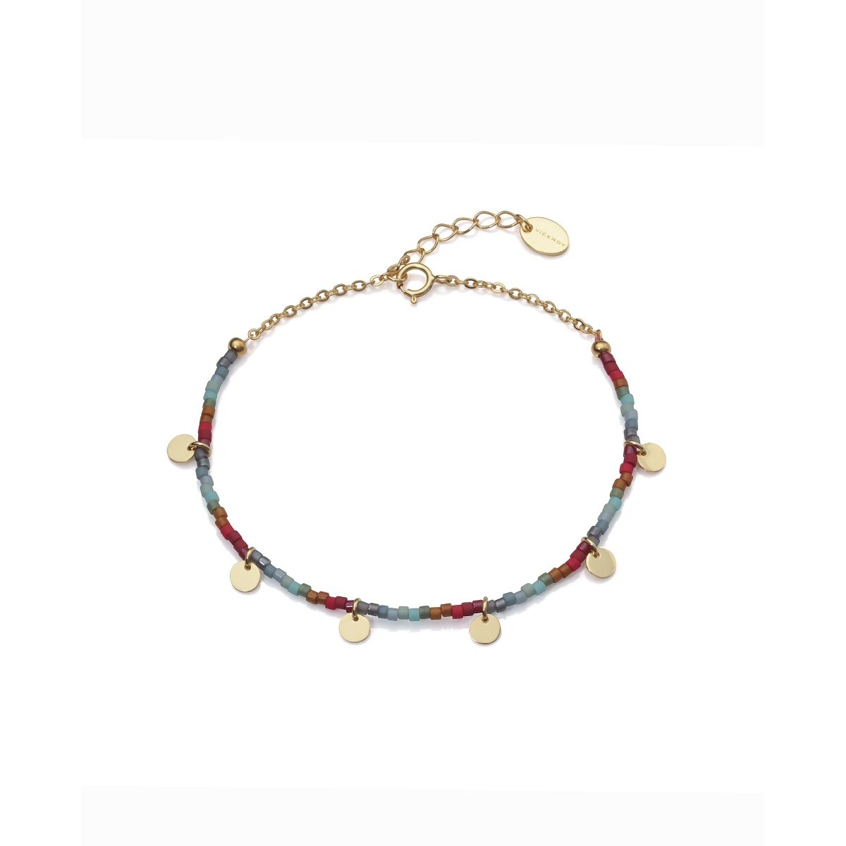 Ladies bracelet with colorful beads and gold-tone discs, perfect for any outfit. Stylish and elegant accessory for every occasion.