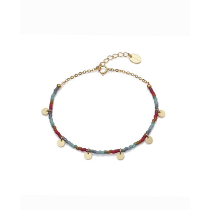 Ladies bracelet with colorful beads and gold-tone discs, perfect for any outfit. Stylish and elegant accessory for every occasion.