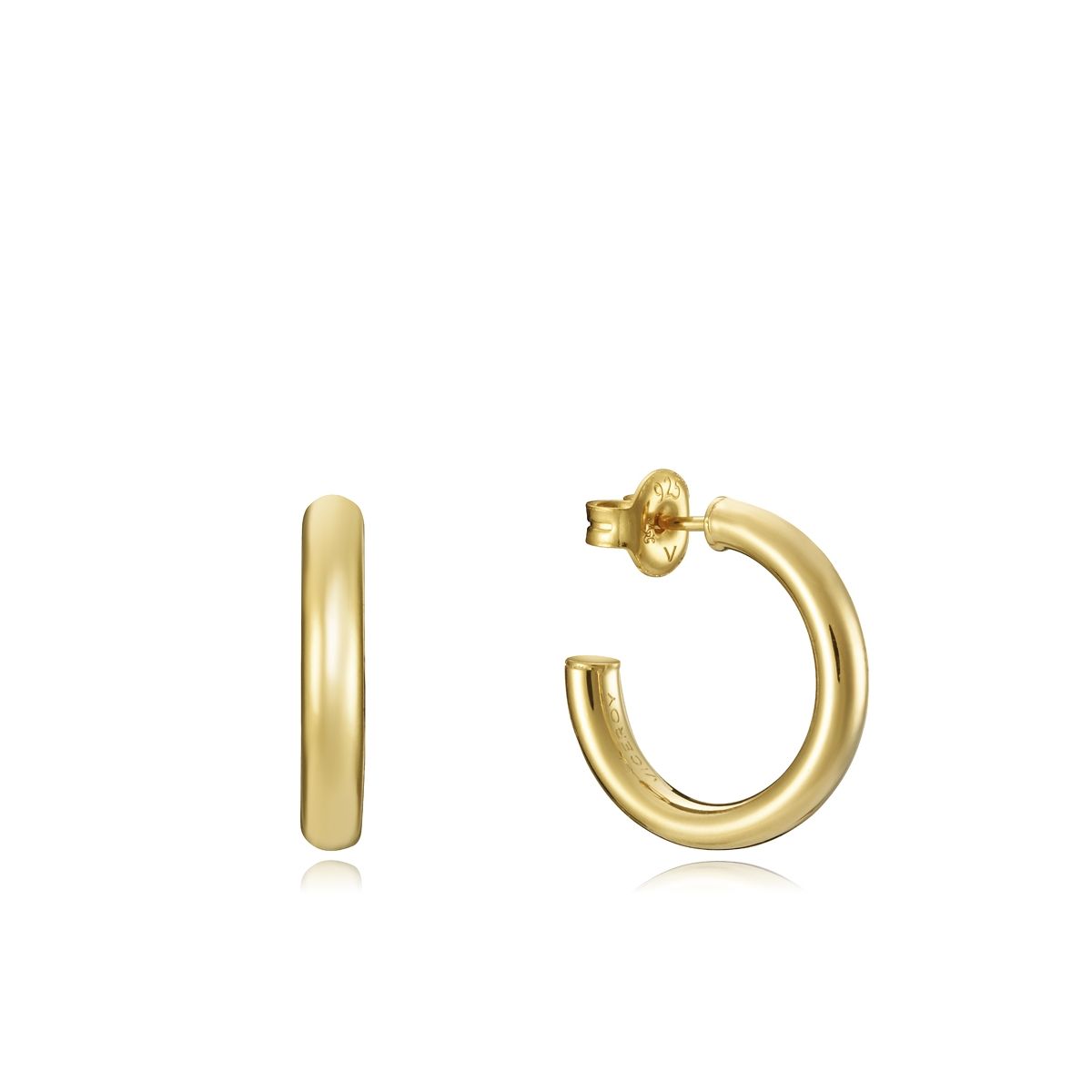 Elegant gold hoop earrings side and front view on white background