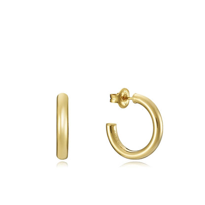 Elegant gold hoop earrings side and front view on white background