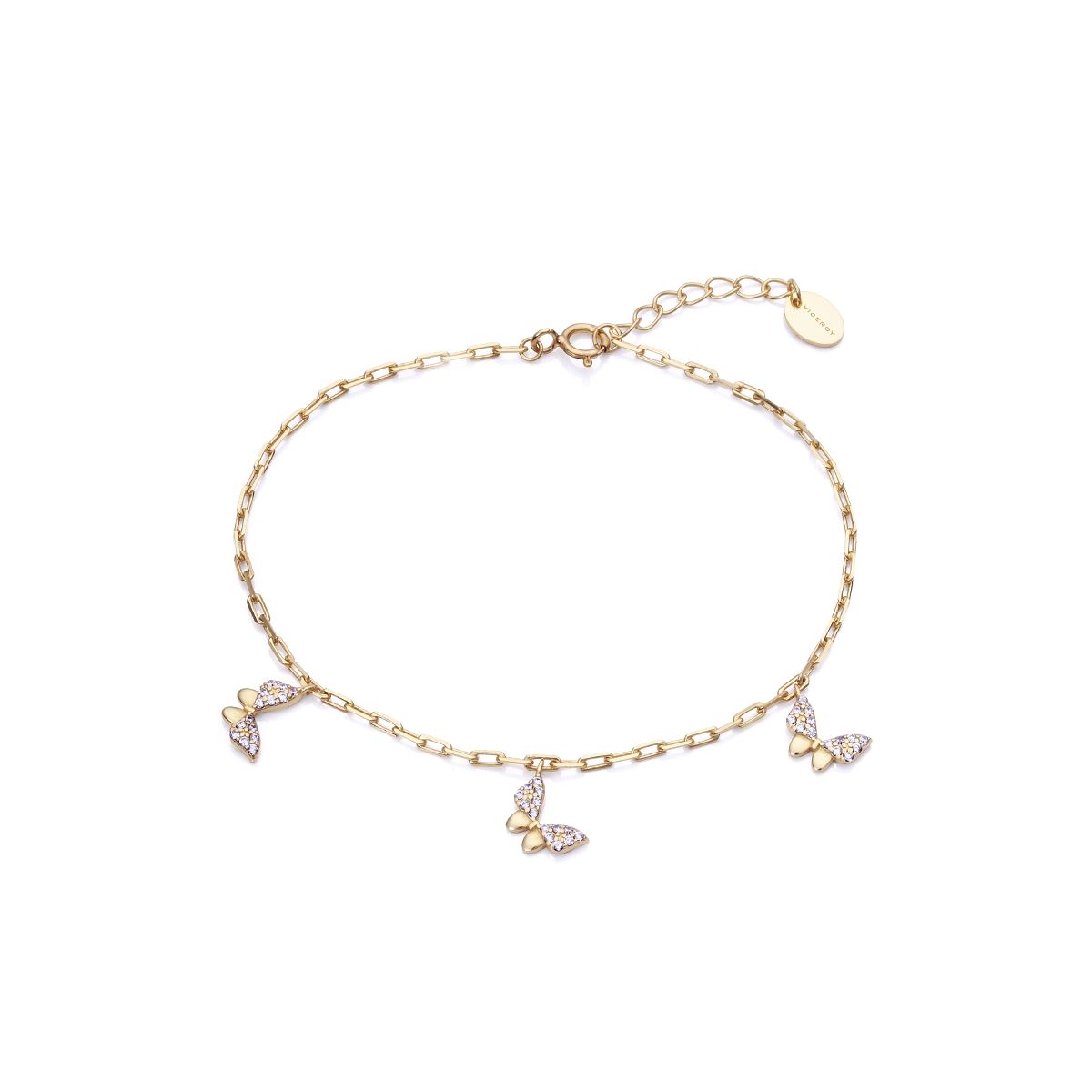 Delicate gold bracelet with butterfly charms, ideal for stylish accessorizing.