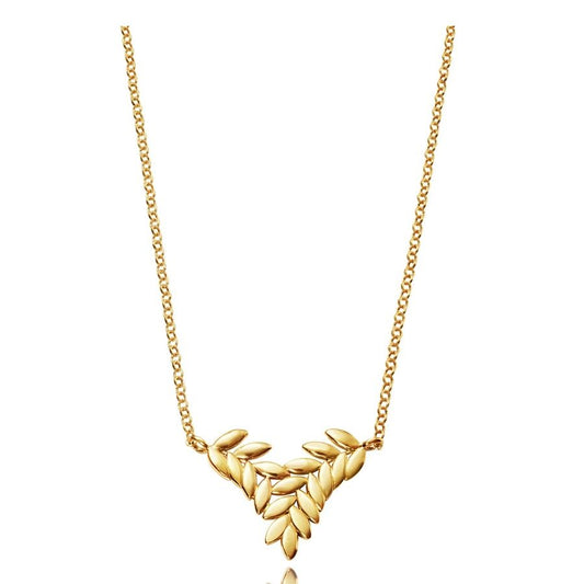 Gold necklace with leaf design on a thin chain, elegant jewelry piece reflecting light and style, perfect for formal or casual occasions.
