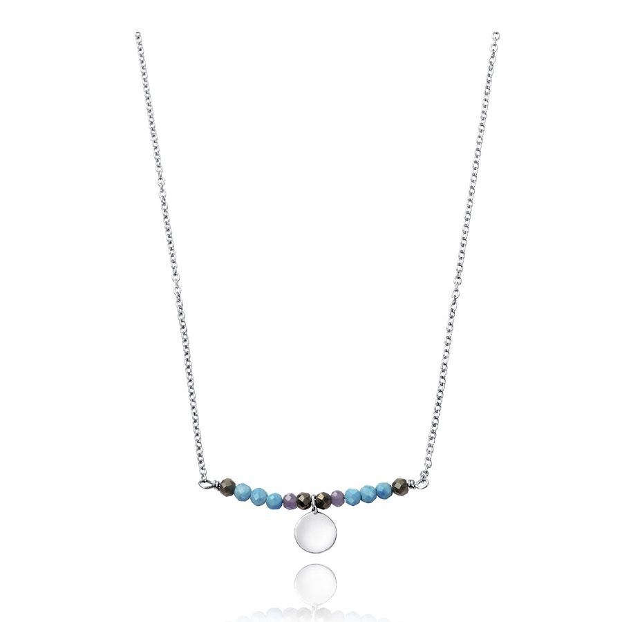 Elegant silver necklace with colorful beads and circular pendant on a white background