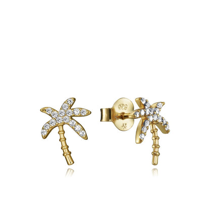 Gold palm tree earrings with crystal embellishments on a white background.