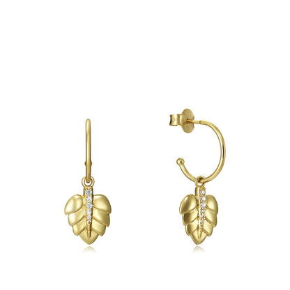 Gold leaf-shaped earrings with crystal detailing, showcasing elegant design and craftsmanship.