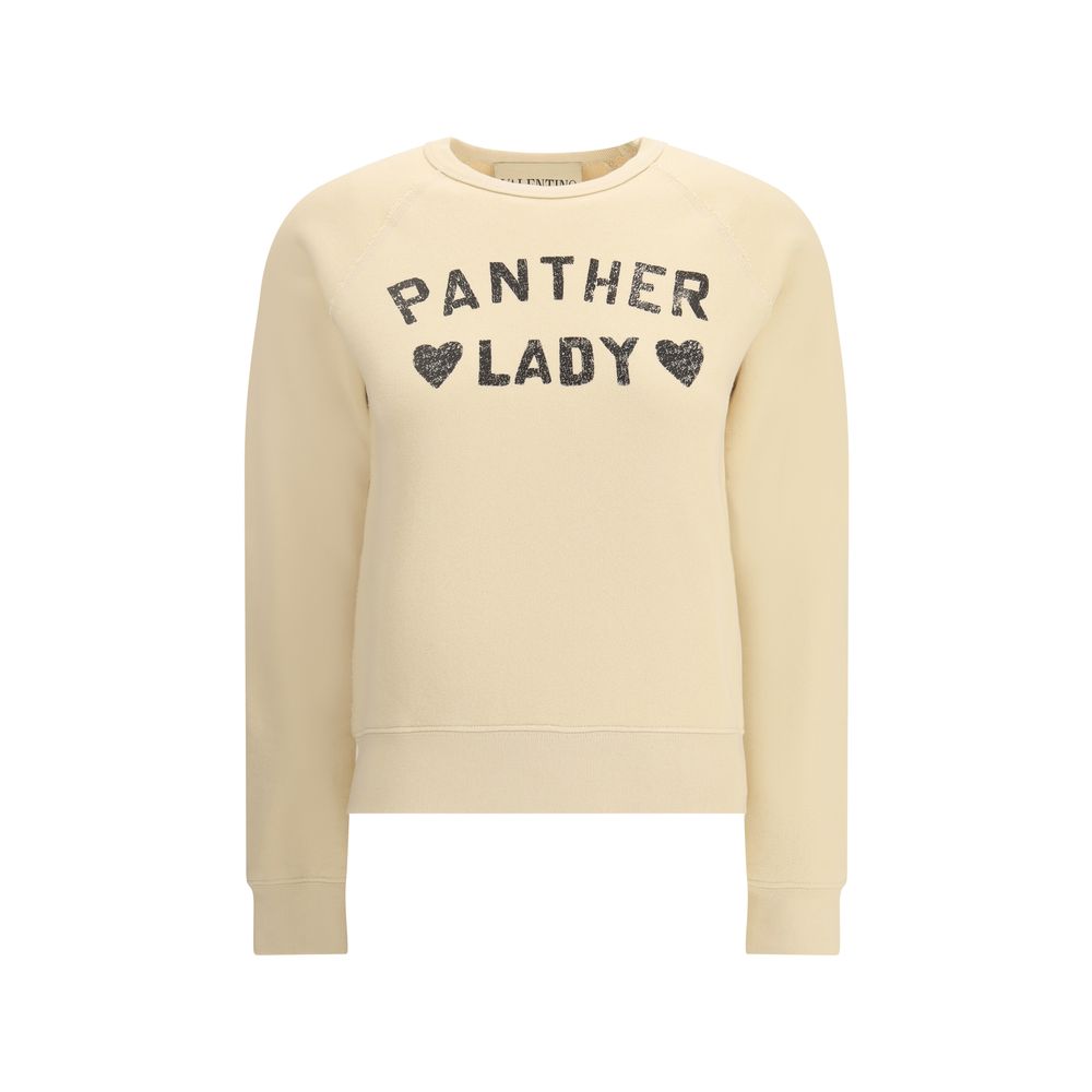 Valentino Beige Cotton Sweatshirt with Panther Lady graphic, ribbed crew neck and comfortable fit, ideal for AW25 casual sophistication.
